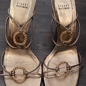 Stuart Weitzman Gold Crystal T-Strap Sandal Sz 10